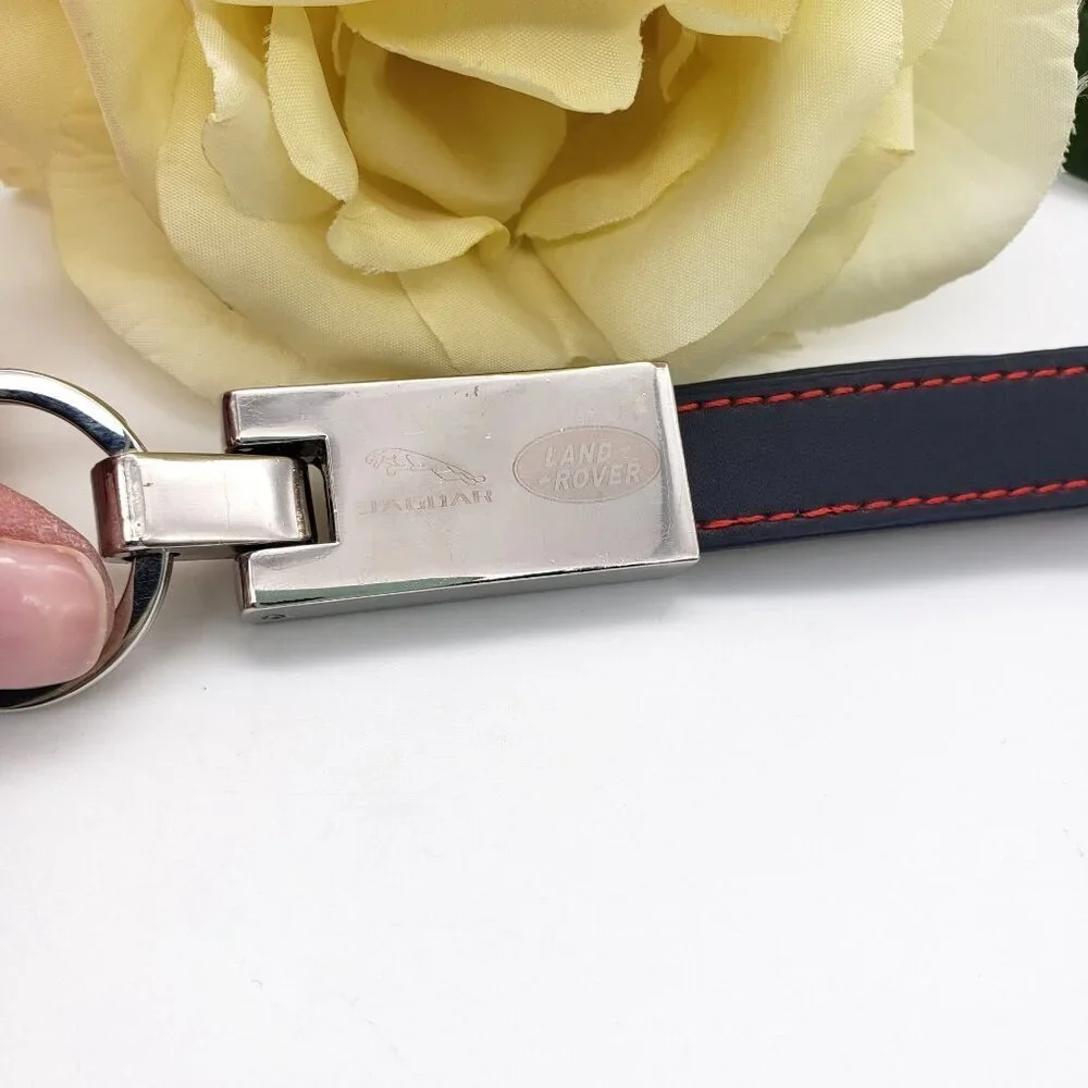 Jaguar Land Rover Chrome and Black Leather Strap Key Chain Fob Luxury Car